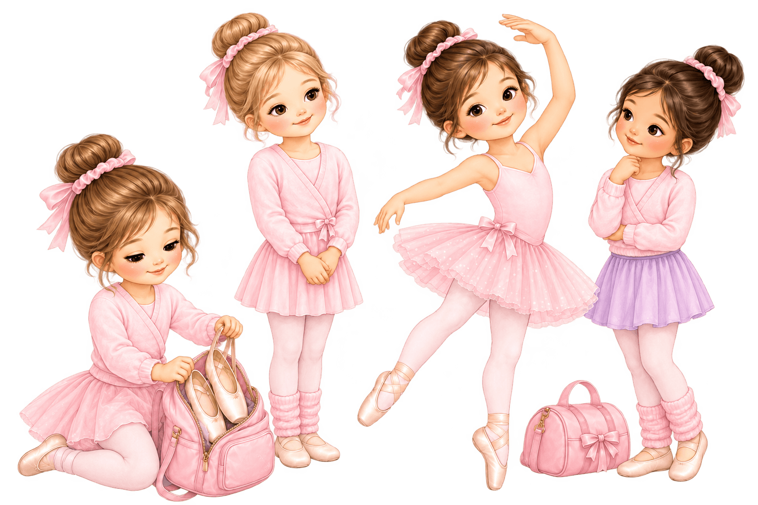 Four young ballet students in pink ballet outfits