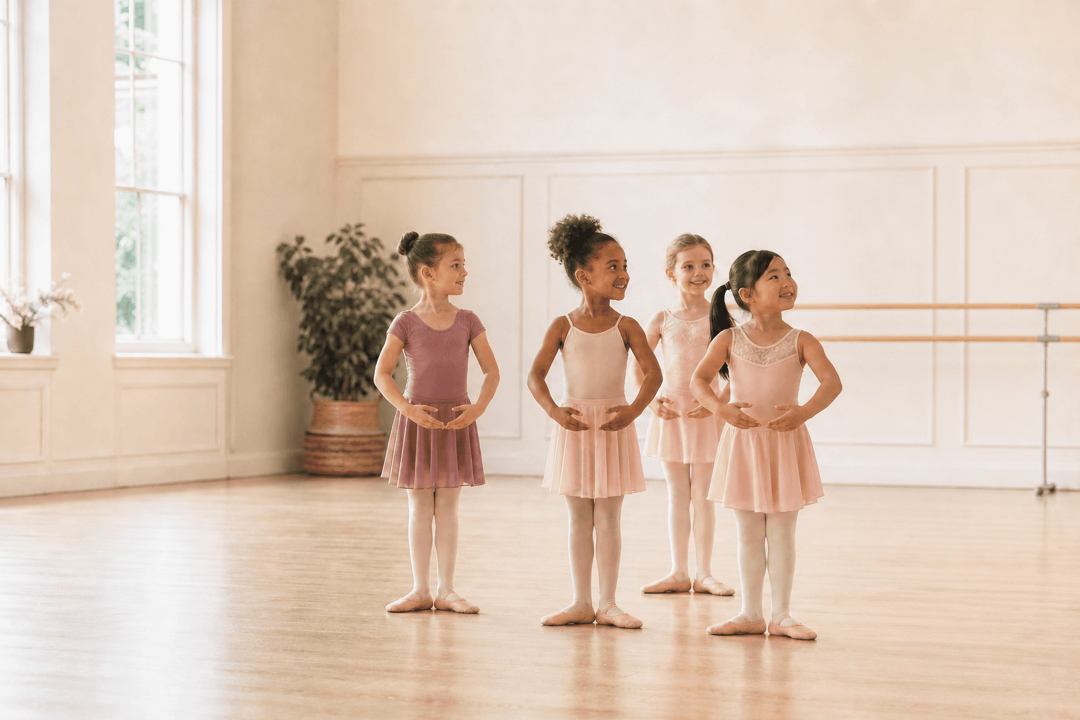 Children enjoying a beginner ballet class in a bright studio